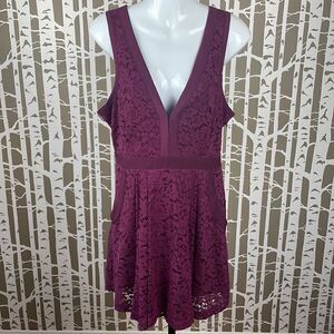 Free People Lace Fit & Flare Dress Cut Out Back Pockets Side Zip Plum sz M